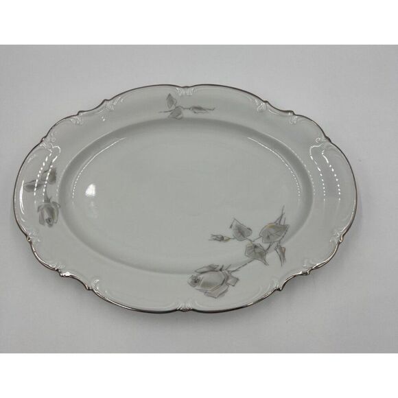 Vintage Hutschenreuther Gray Rose 12" Oval Serving Platter Porcelain Germany - Picture 1 of 4